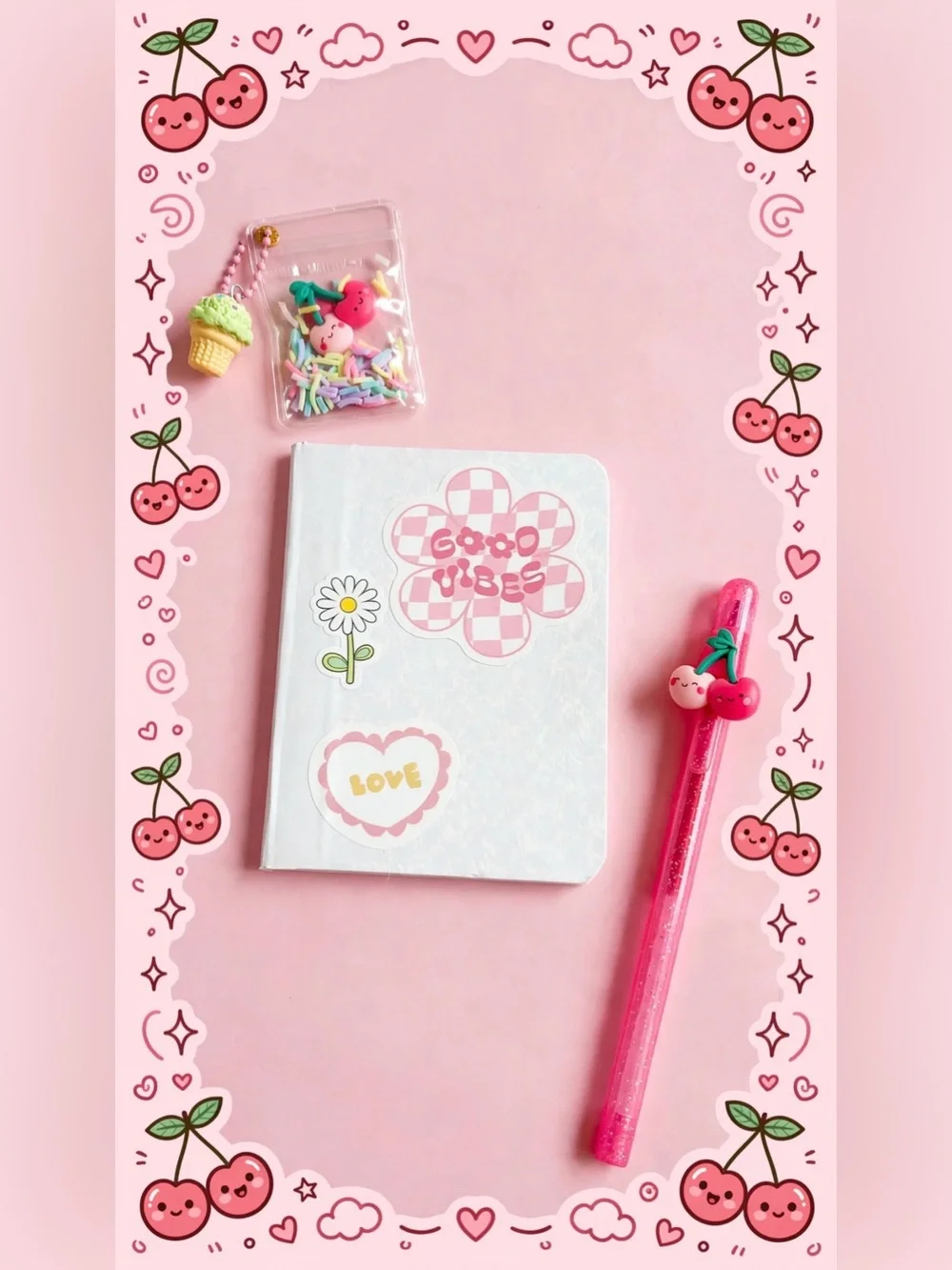 Set Kawaii Pink Cherry Gel Pen for Kids - Cute Cherry Charm Design
